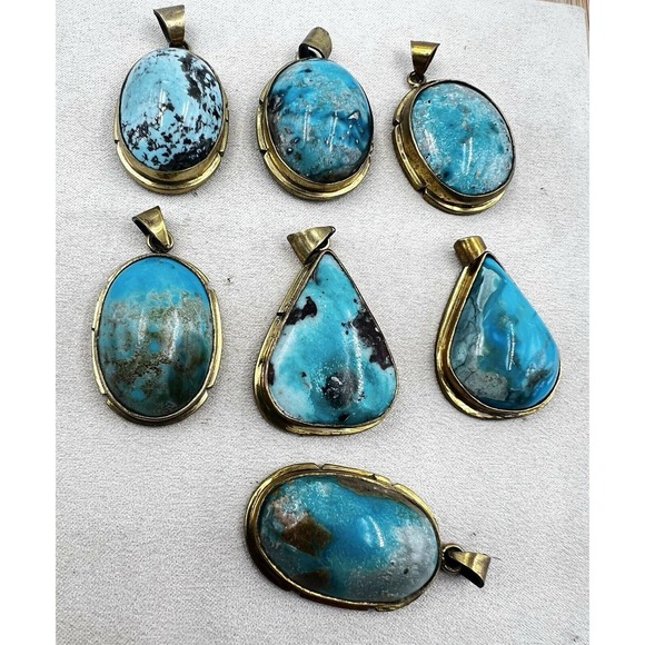 8 Natural Persian Turquoise Pendants Metal Brass Bulk Lot - Picture 1 of 10